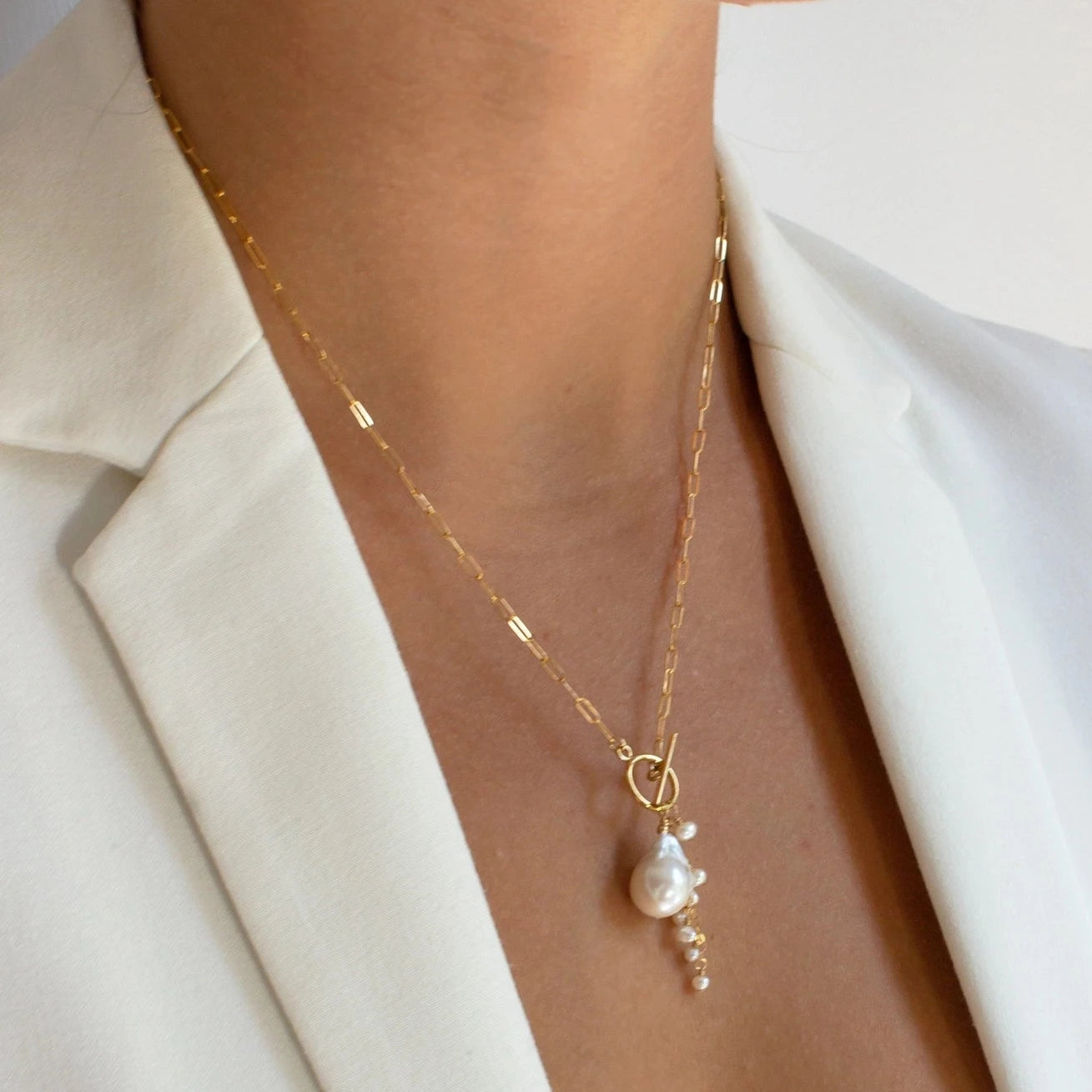 baroque pearl on gold paperclip chain right side
