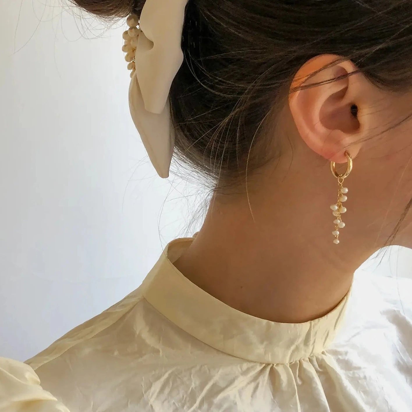 pearl cluster on gold filled hoop earrings 