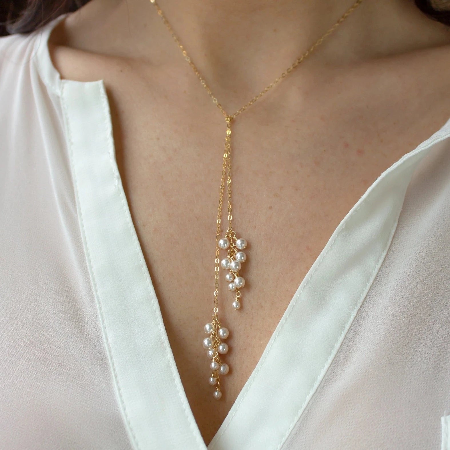 bridal pearl cluster on gold filled necklace