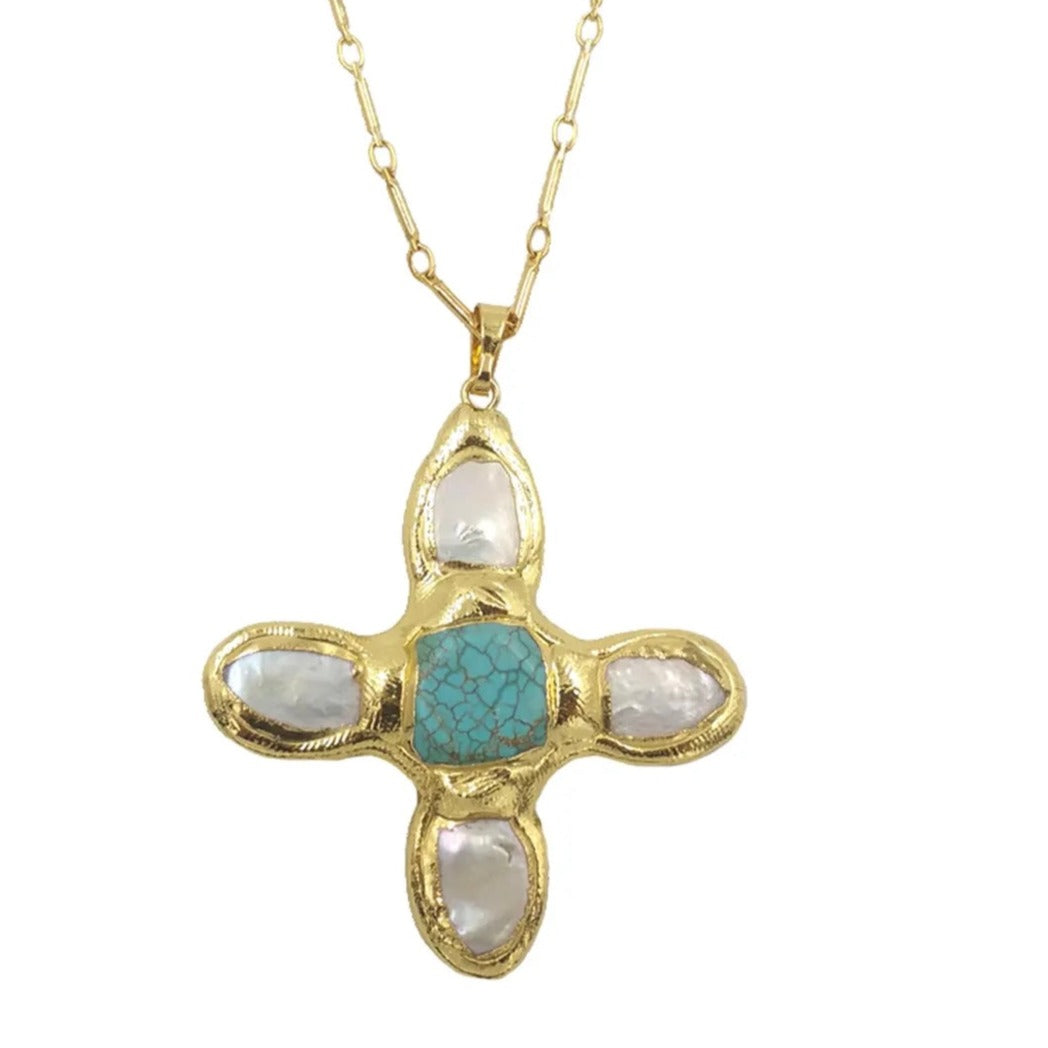 Pearl Cross Turquoise Pendant Necklace