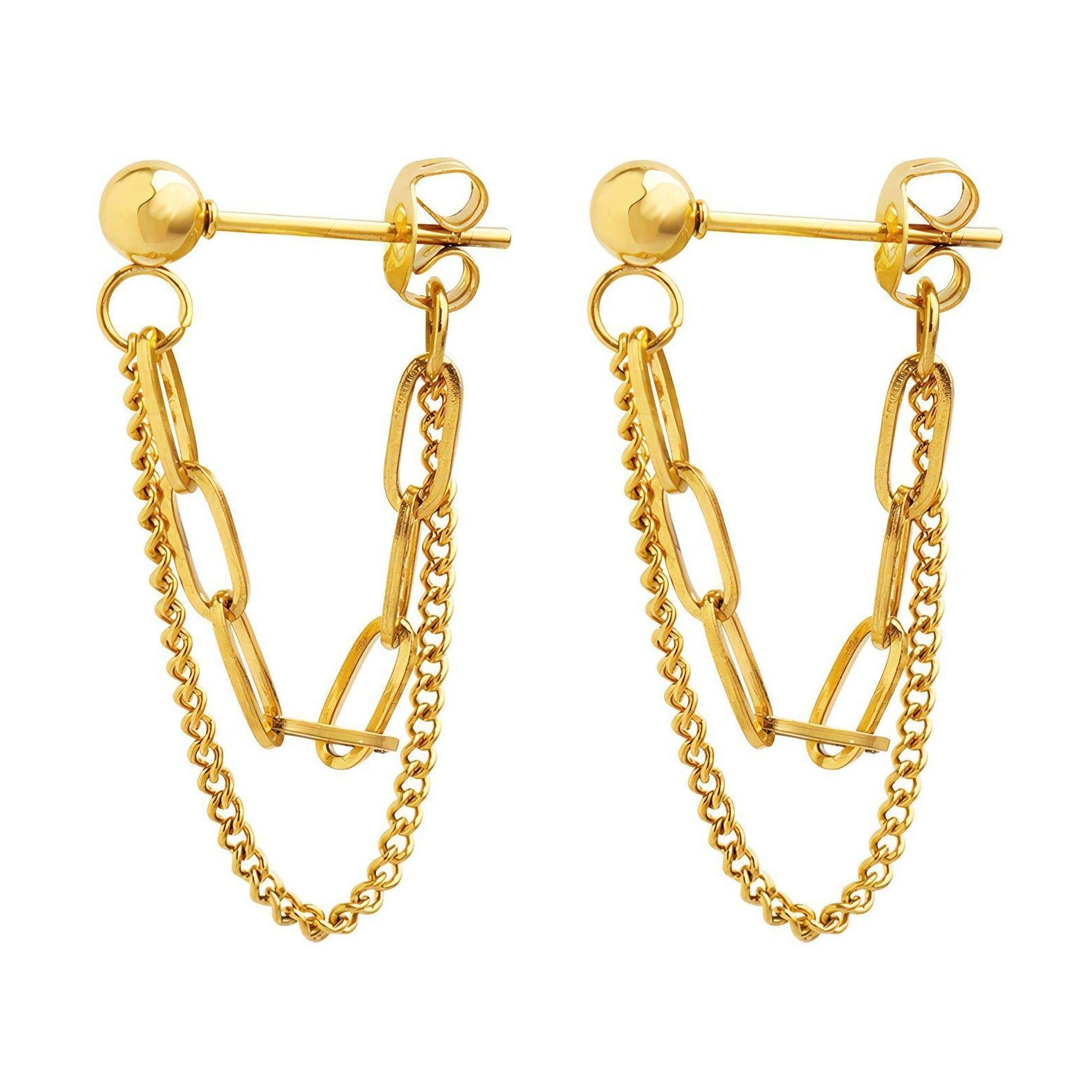 Gold dangling stud earrings stock photo