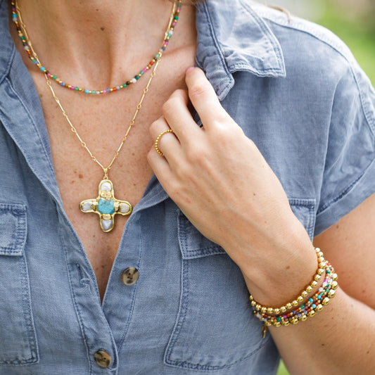 Pearl Cross Turquoise Pendant Necklace